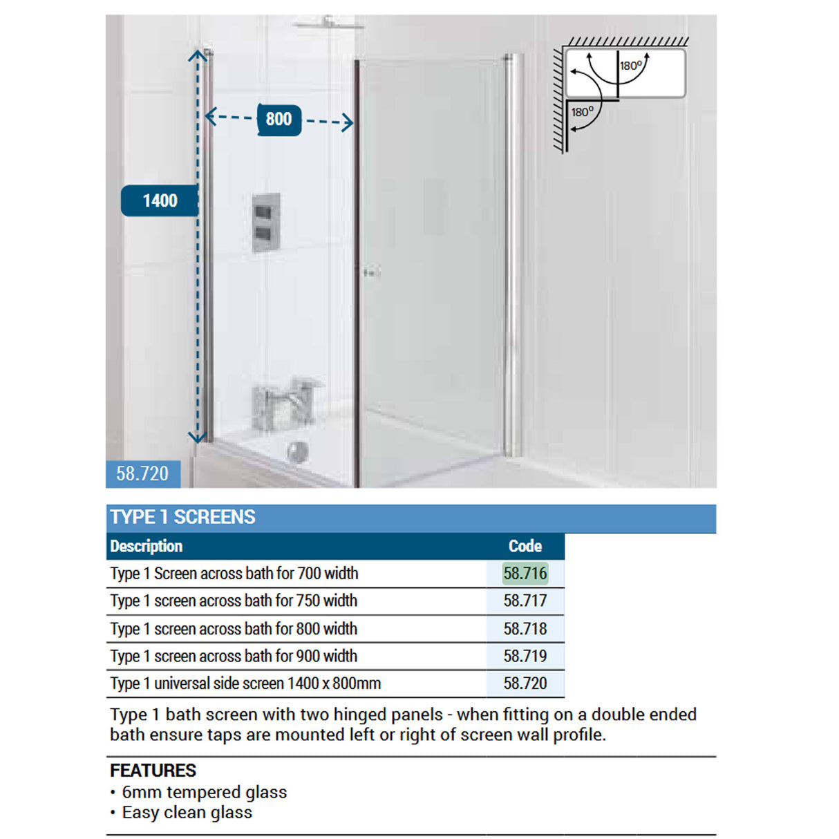 Beaufort Type 1 Across Bath Screen 6mm siezes