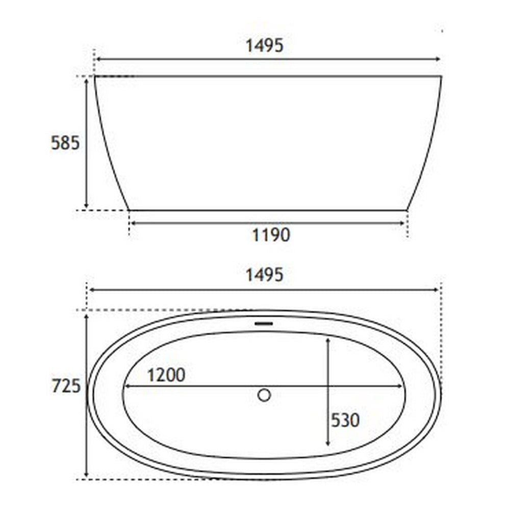 Beaufort Wandsworth 1495 x 725mm Gloss Grey and White Freestanding Bath Dimensions