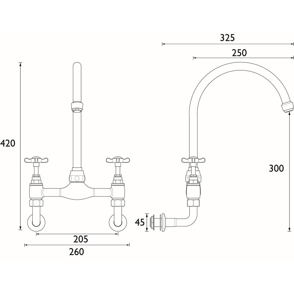 Bristan 1901 Wall Mounted Bridge Sink Mixer in Chrome dimensions