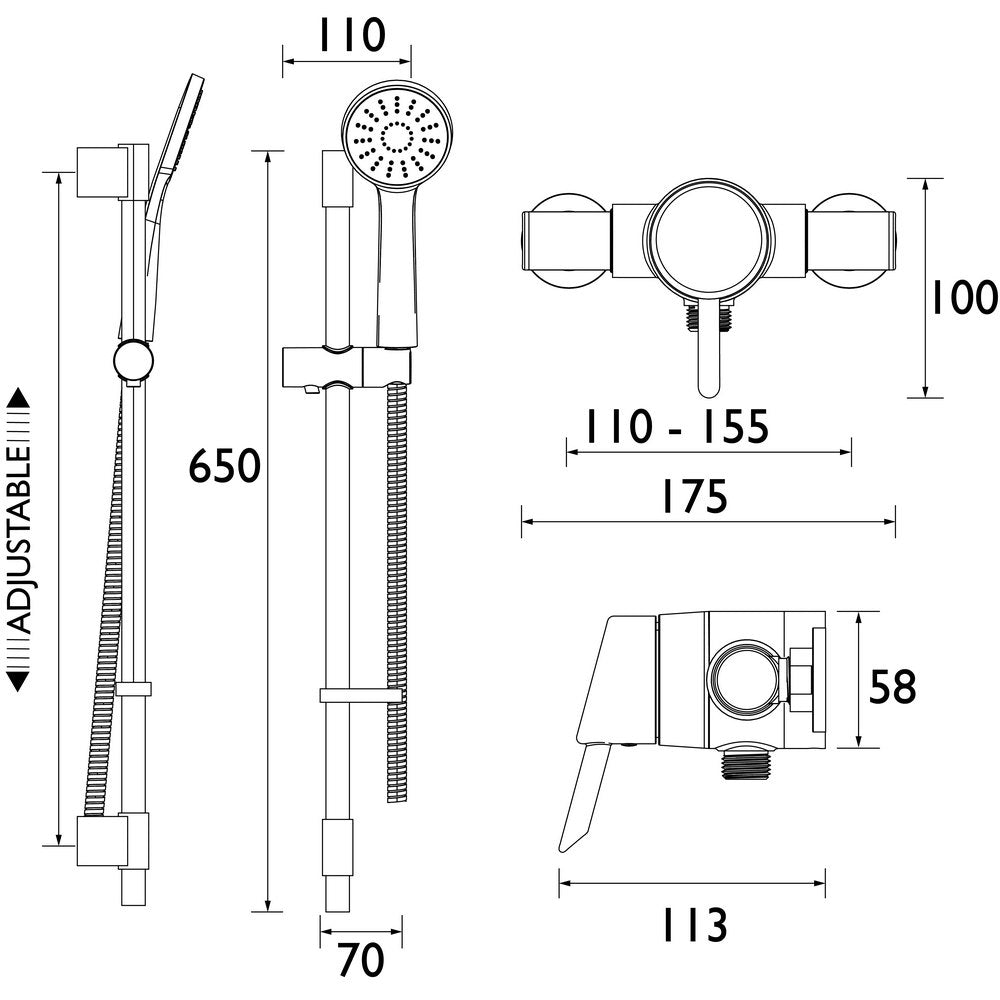 Bristan Acute2 Chrome Thermostatic Exposed Shower Kit Dimensions