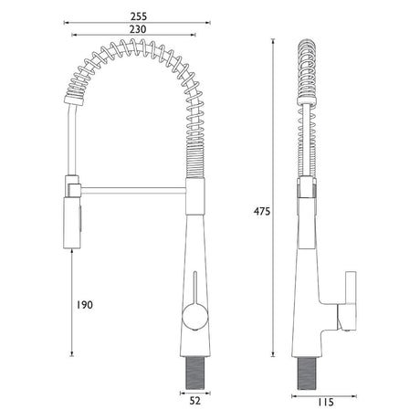 Bristan Axia Professional Pull Down Kitchen Sink Mixer in Chrome dimensions