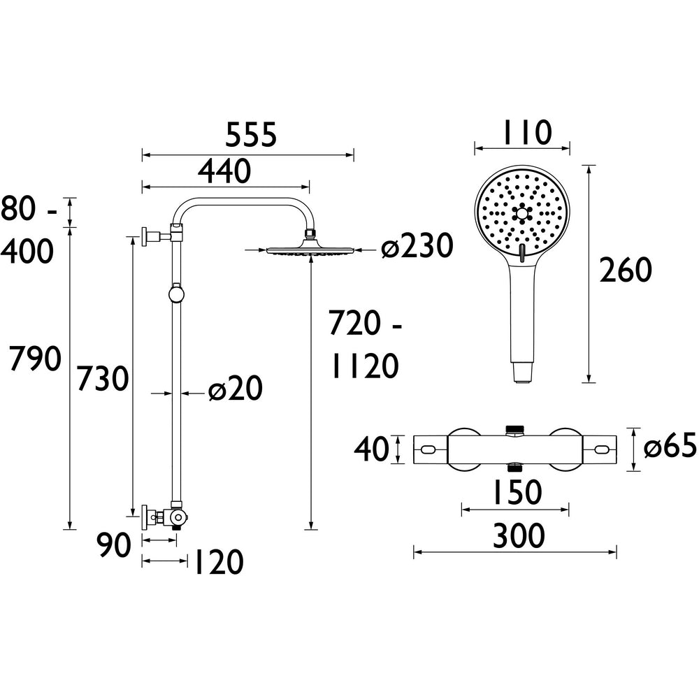 Bristan Buzz2 Thermostatic Bar Shower with Rigid Riser in Chrome Dimensions