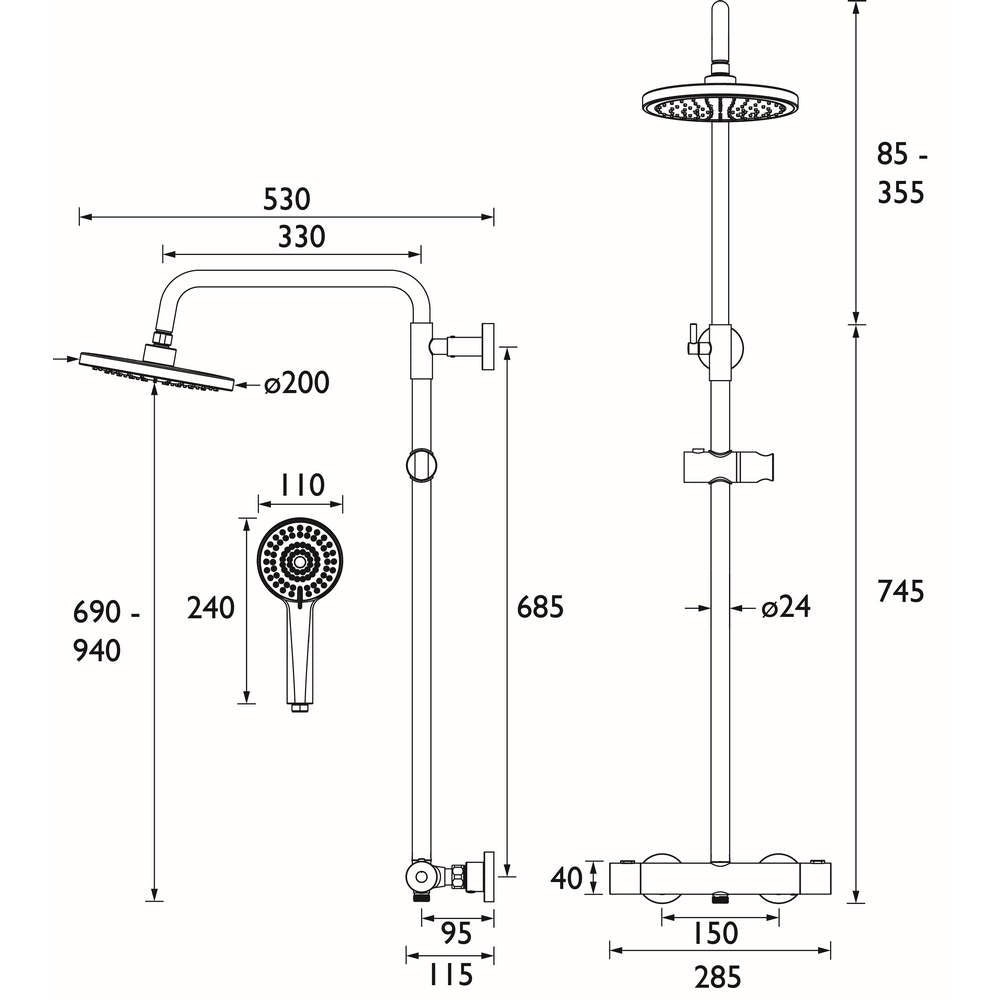 Bristan Buzz Thermostatic Bar Shower with Rigid Riser in Black Dimensions