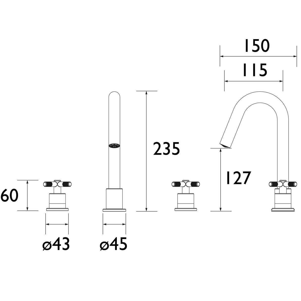 CRU3THBASBB Bristan Cruzar Brushed Brass 3TH Basin Mixer Dimensions
