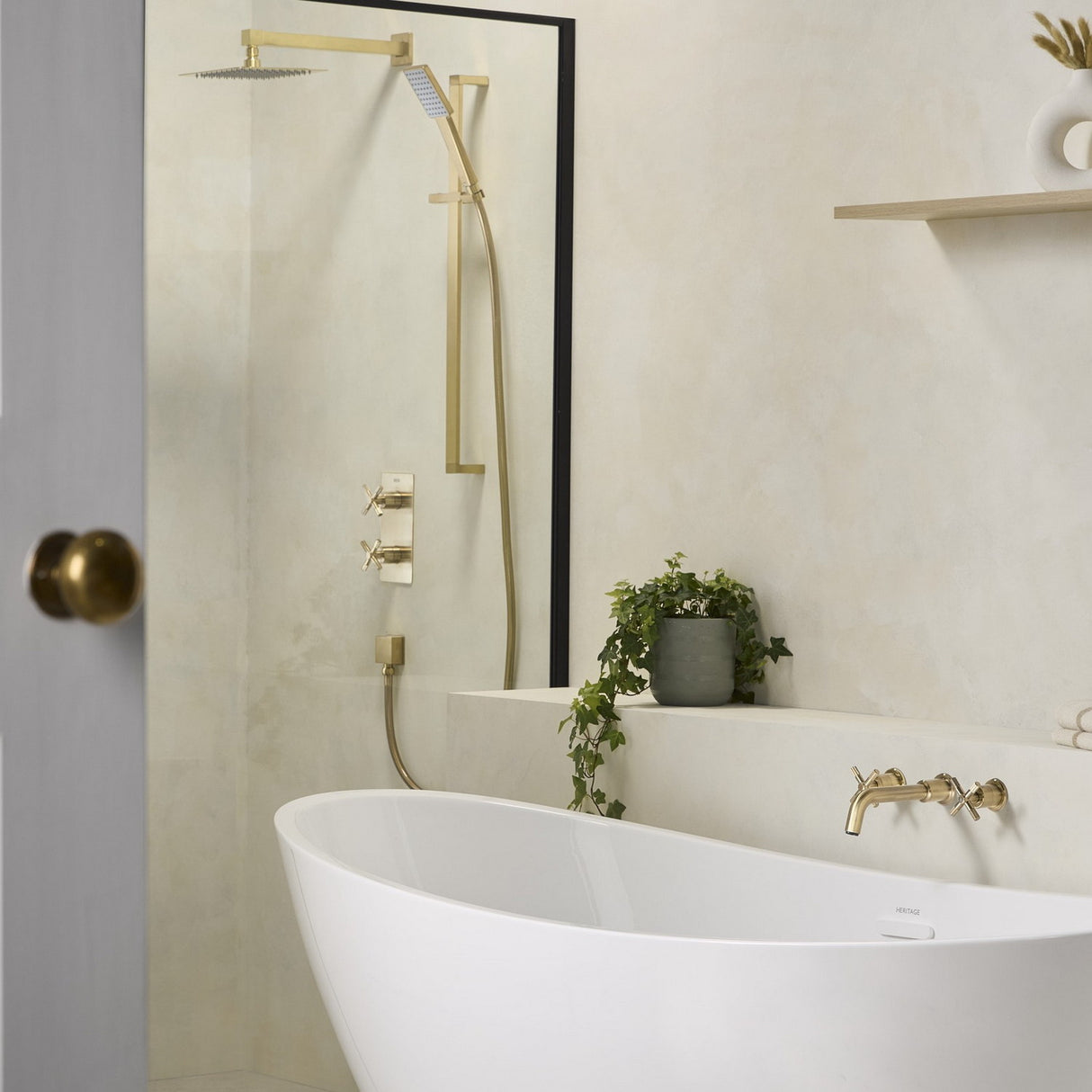 CRU3THWMBFBB Bristan Cruzar Brushed Brass 3TH Wall Mounted Bath Filler Bathroom Setting