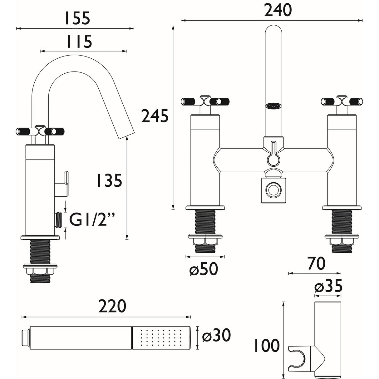 CRUBSMBB Bristan Cruzar Brushed Brass Bath Shower Mixer Dimensions