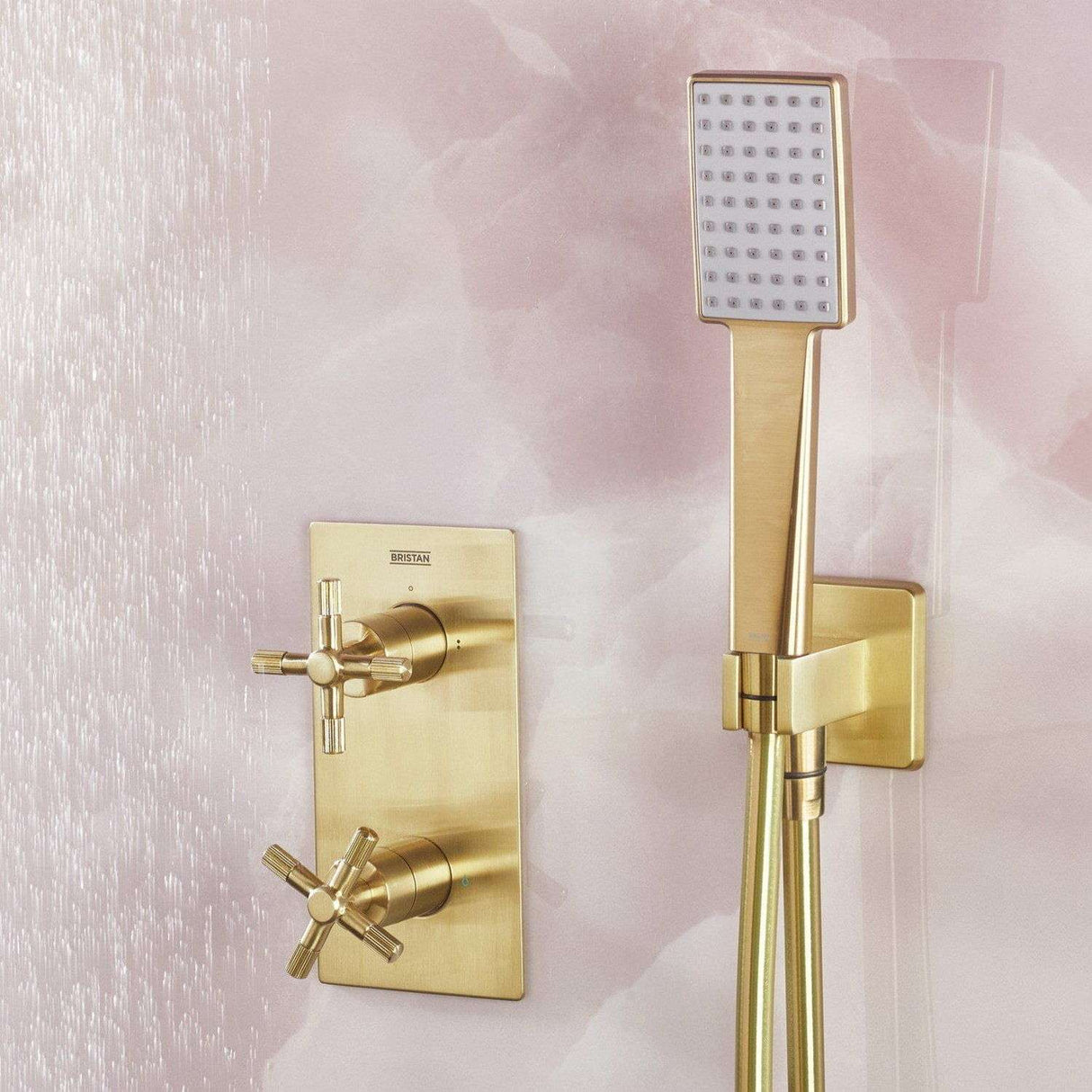 CRUZARBBSHWRPK2 Bristan Cruzar Brushed Brass Shower Pack with Fixed Head and Wall Outlet Handset Close Up