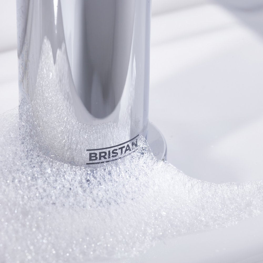 ELEBASC Bristan Elevar Basin Mixer with Clicker Waste in Chrome Close Up of Logo