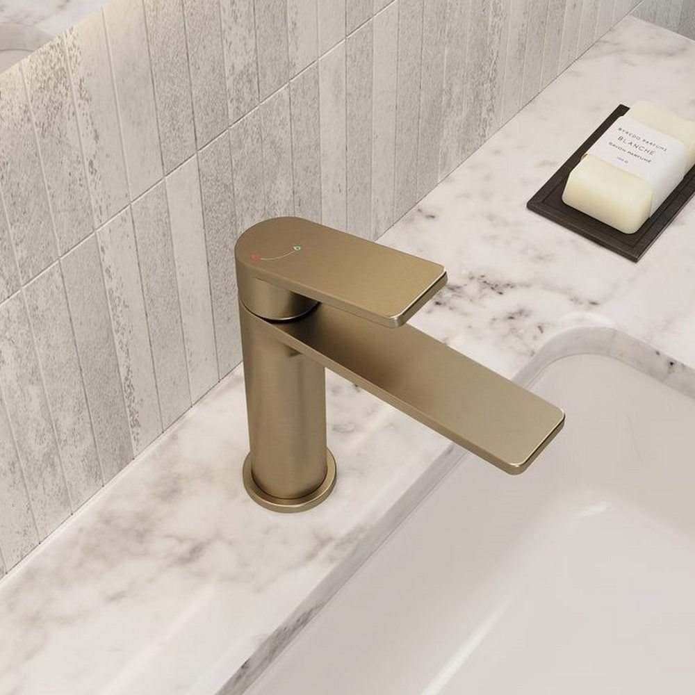 Bristan Frammento Eco Start Basin Mixer with Waste in Brushed Brass Closeup