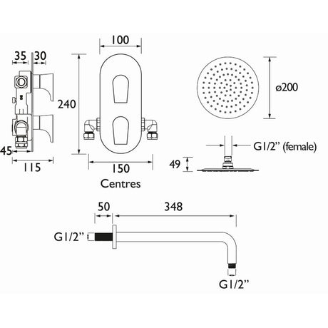 HOURGLASSSHWRPK2 Bristan Hourglass Chrome Shower Pack with Fixed Head Line Drawing