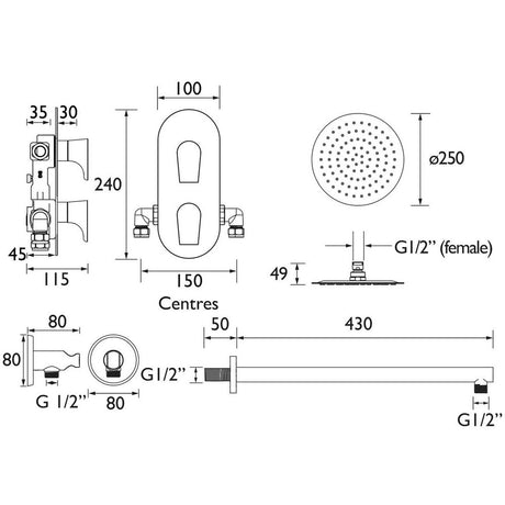 HOURGLASSSHWRPK3 Bristan Hourglass Chrome Shower Pack with Fixed Head and Handset Line Drawing