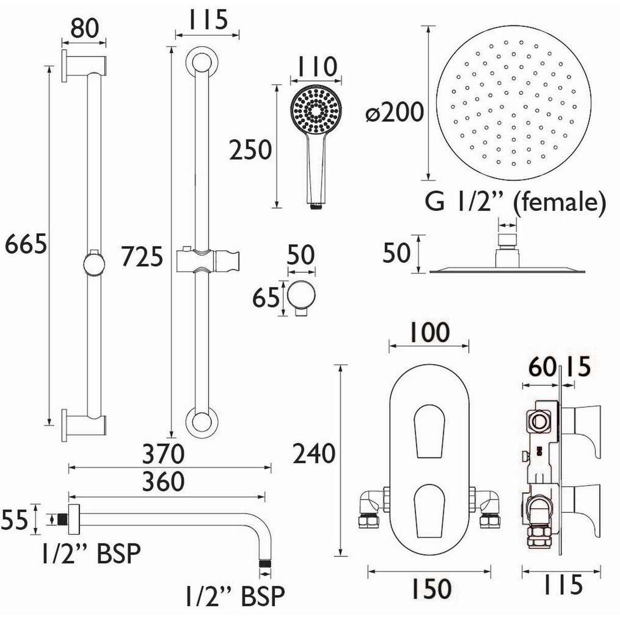 Bristan Hourglass Concealed Dual Control Shower Pack in Brushed Brass dimensions