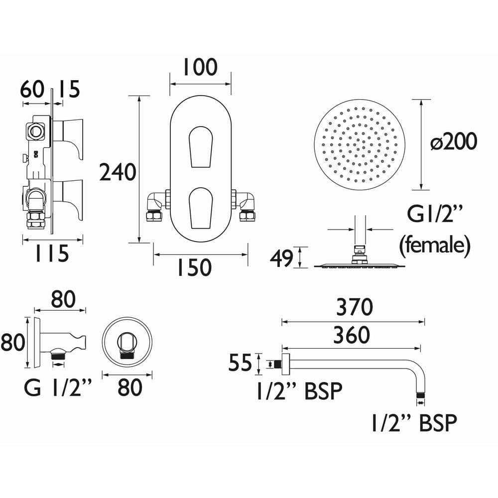 HOURGLASSBBSHWRPK Bristan Hourglass Dual Control Brushed Brass Concealed Shower Pack Line Drawing