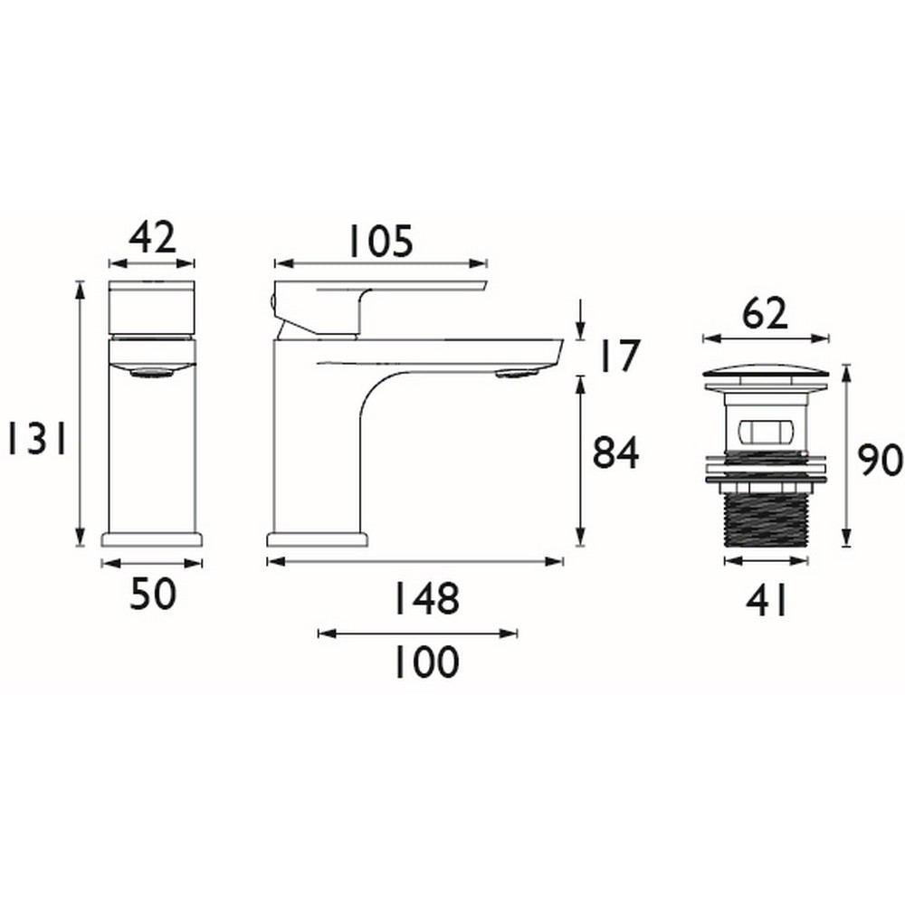 Bristan Napoli Basin Mixer with Clicker Waste in Chrome Dimensions