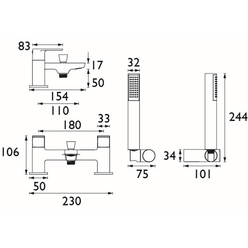 Bristan Napoli Bath Shower Mixer in Chrome Dimensions