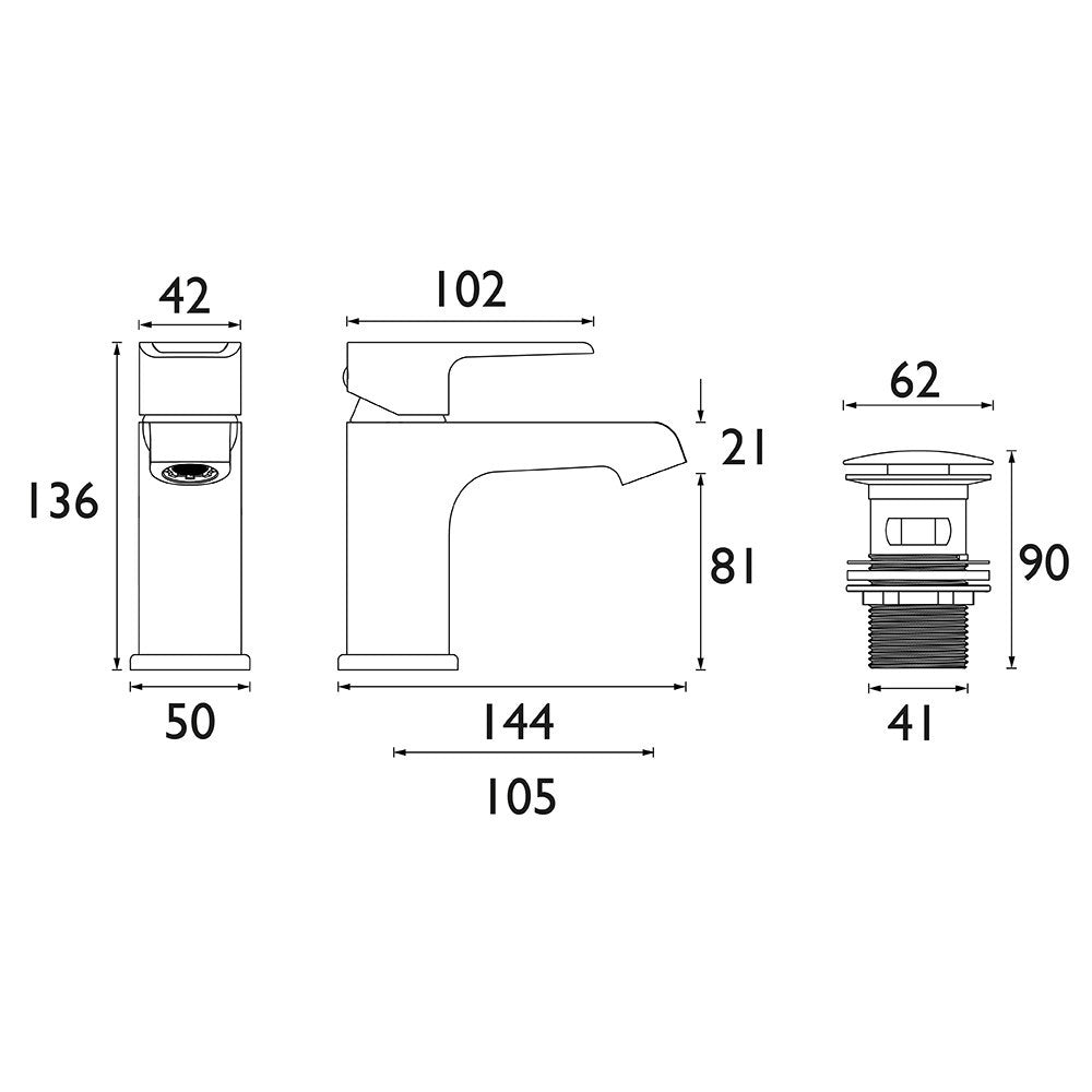 Bristan Polo Basin Mixer with Clicker Waste in Chrome Dimensions