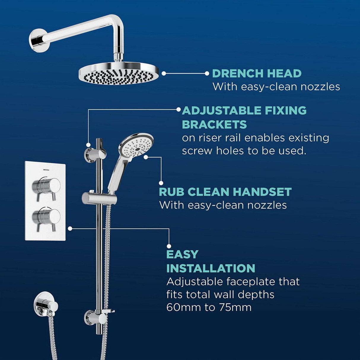 Bristan Prism Concealed Shower Pack with Fixed Head and Handset in Brushed Brass features