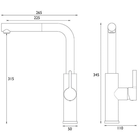 Bristan Profile Extended Pull Down Kitchen Sink Mixer in Chrome Dimensions
