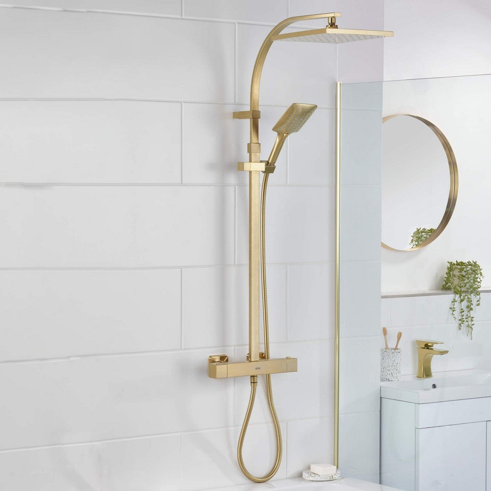 Bristan Qubo Thermostatic Bar Shower with Rigid Riser in Brushed Brass lifestyle