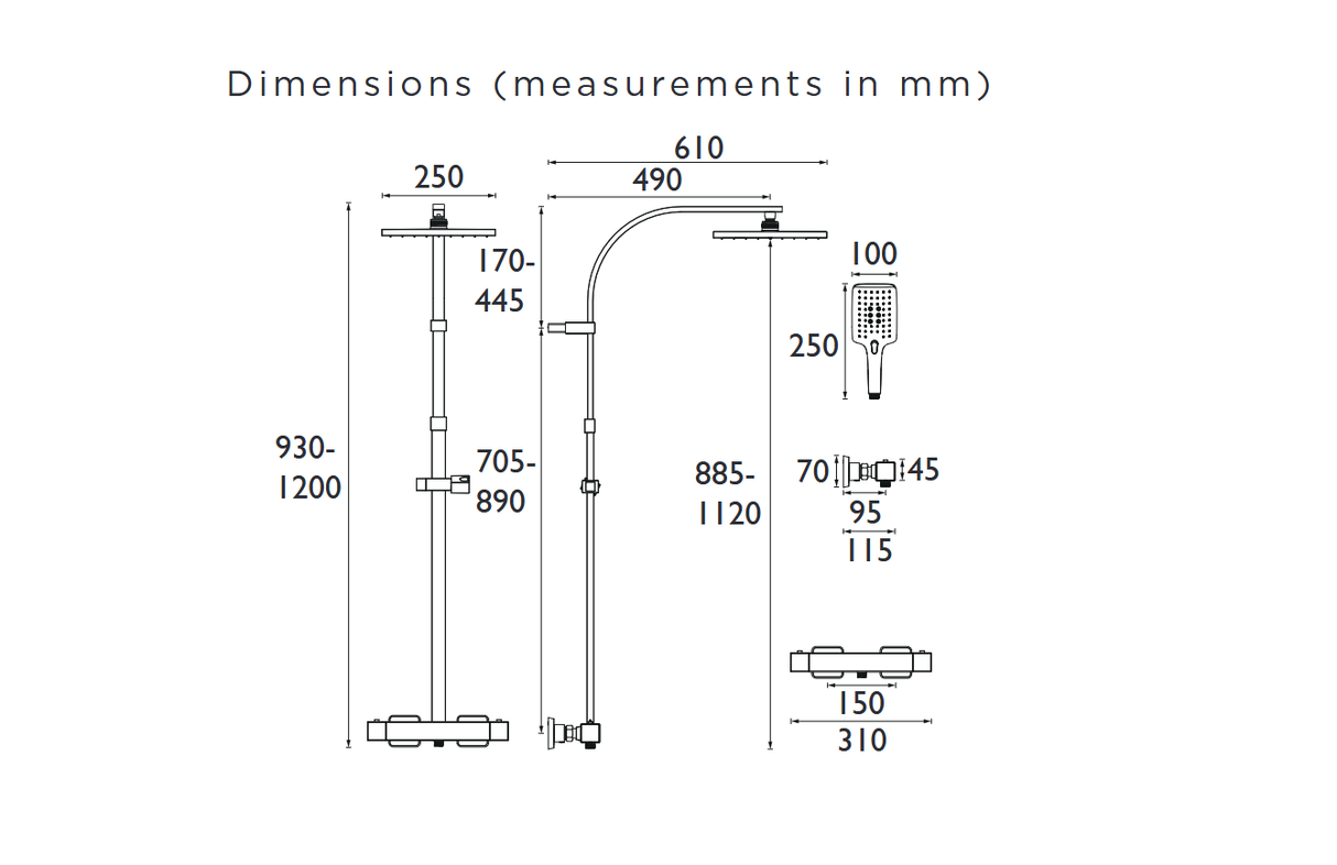 Bristan Qubo Thermostatic Bar Shower with Rigid Riser in Chrome dimensions