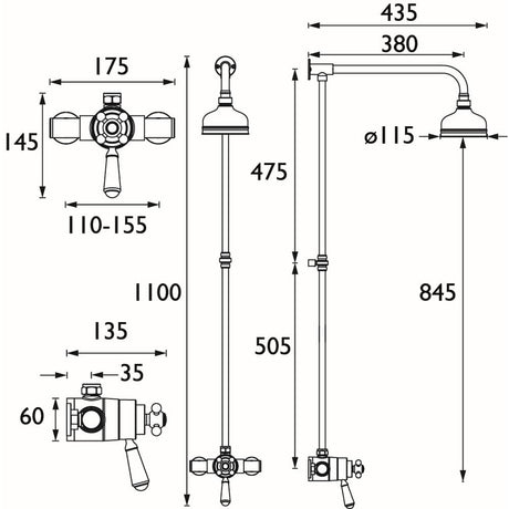 R2SHXRRC Bristan Regency Exposed Mini Shower Valve and Rigid Riser Line Drawing