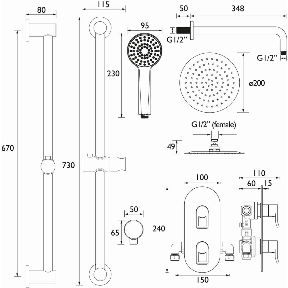 SAFFRONBBSHWRPK Bristan Saffron Brushed Brass Concealed Dual Control Shower Pack Line Drawing