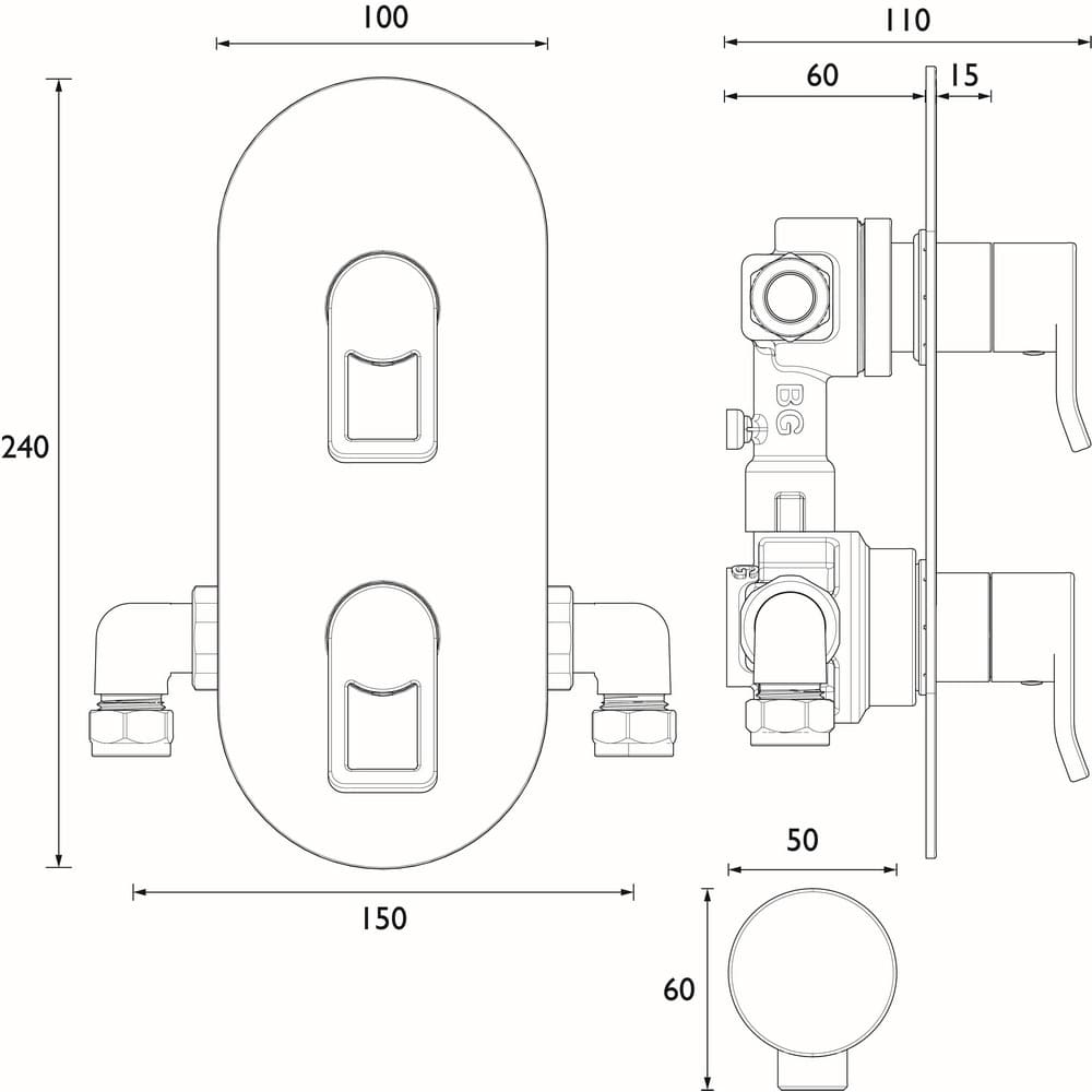 SAFSHCDIVC Bristan Saffron Concealed Thermostatic Two Outlet Shower Valve Line Drawing