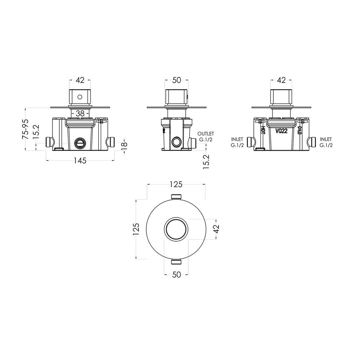 Calvarra Aspect Thermostatic Temperature Control Shower Valve in Chrome dimensions