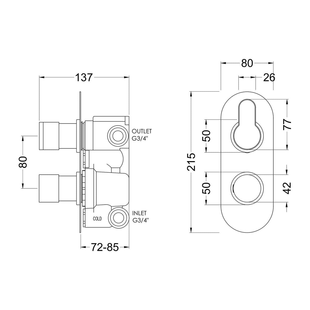 Calvarra Aspect Twin Concealed Thermostatic Shower Valve with Diverter in Chrome dimensions