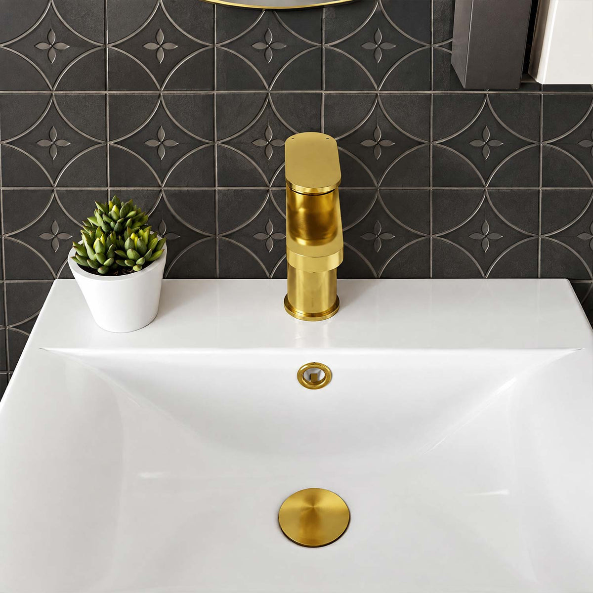 Calvarra Brindle Mono Basin Mixer With Push Button Waste in Brushed Brass lifestyle