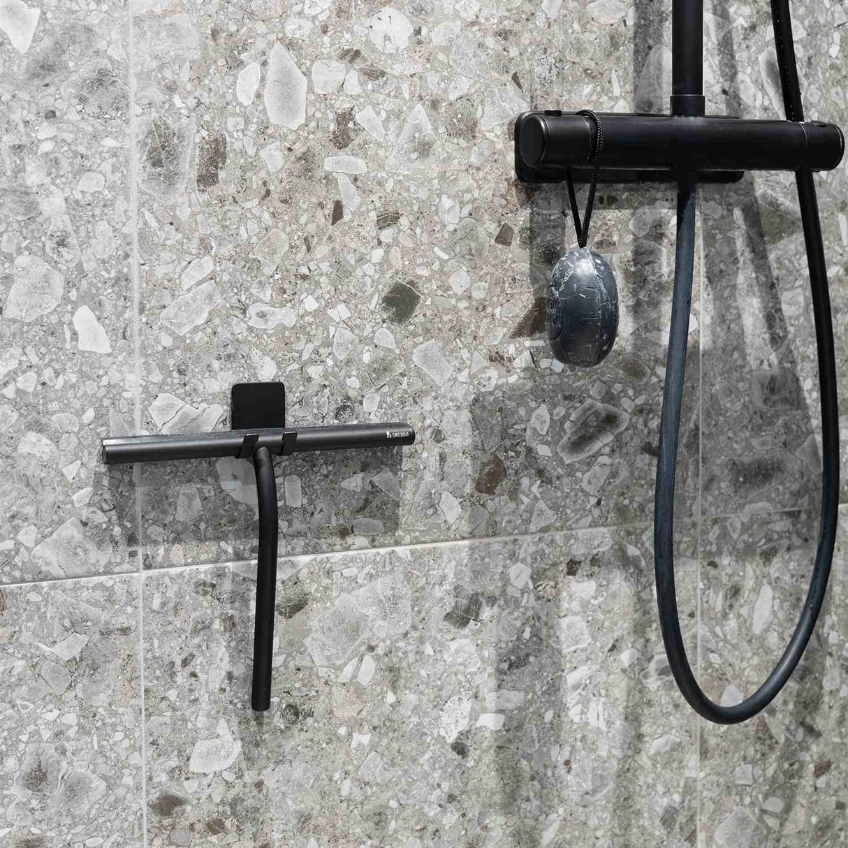 DB2140 Smedbo Sideline Matt Black Shower Squeegee with Self Adhesive Hook Lifestyle