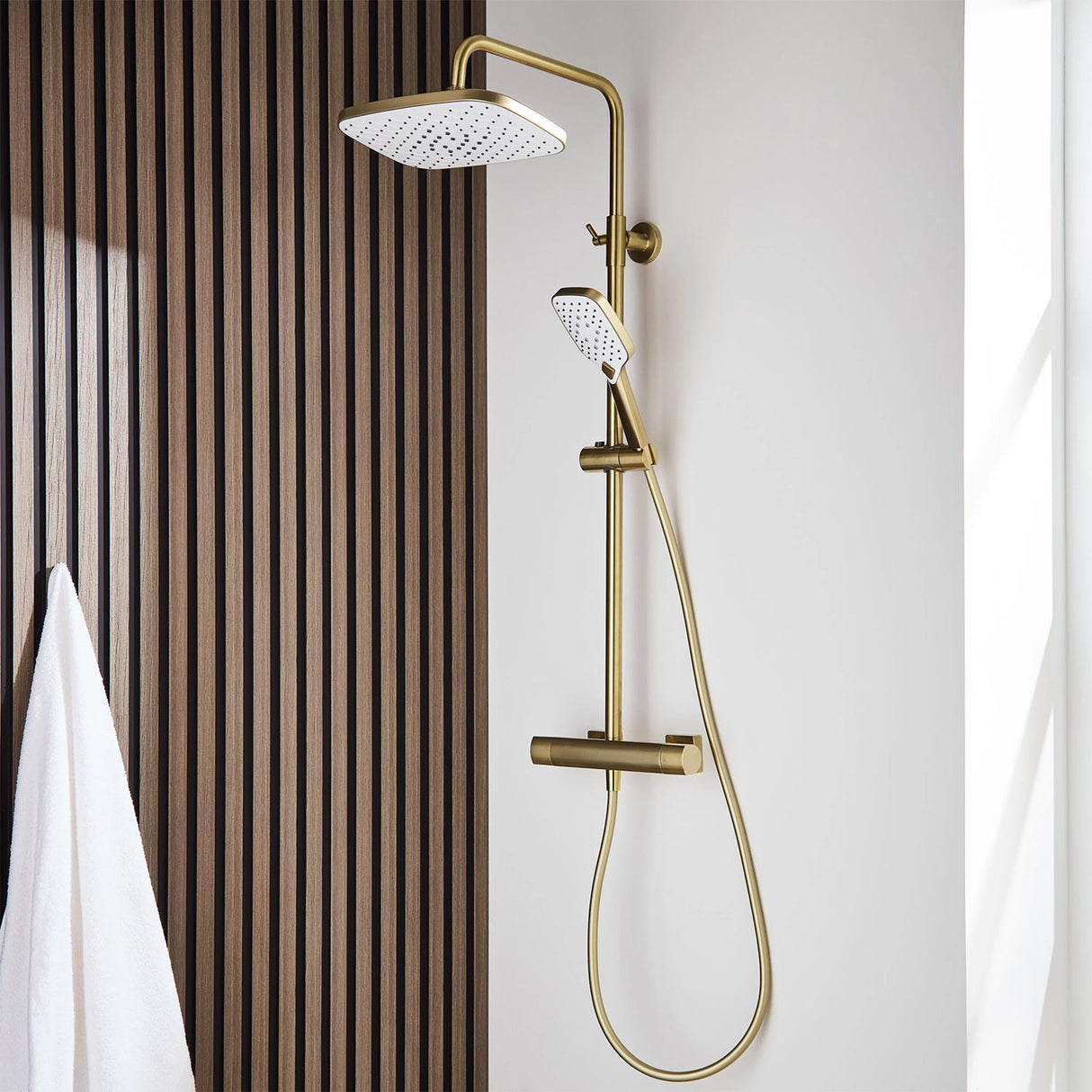 Kartell Kolt Square Exposed Bar Shower with Drencher and Sliding Handset in Brushed Brass lifestyle