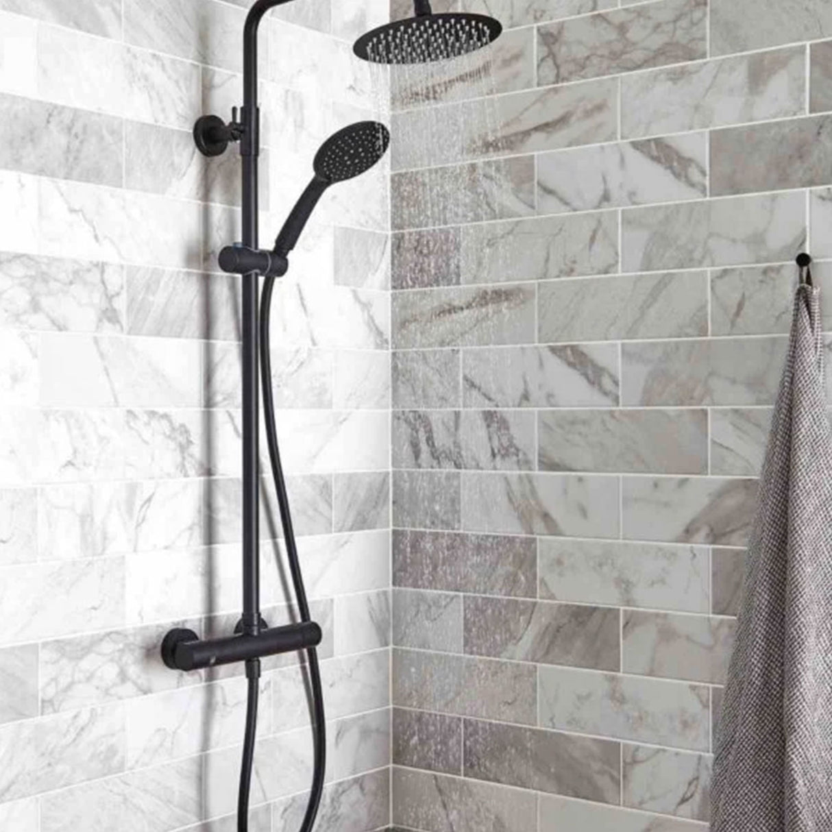 Kartell Nero Round Exposed Bar Shower with Drencher and Sliding Handset in Matt Black lifestyle