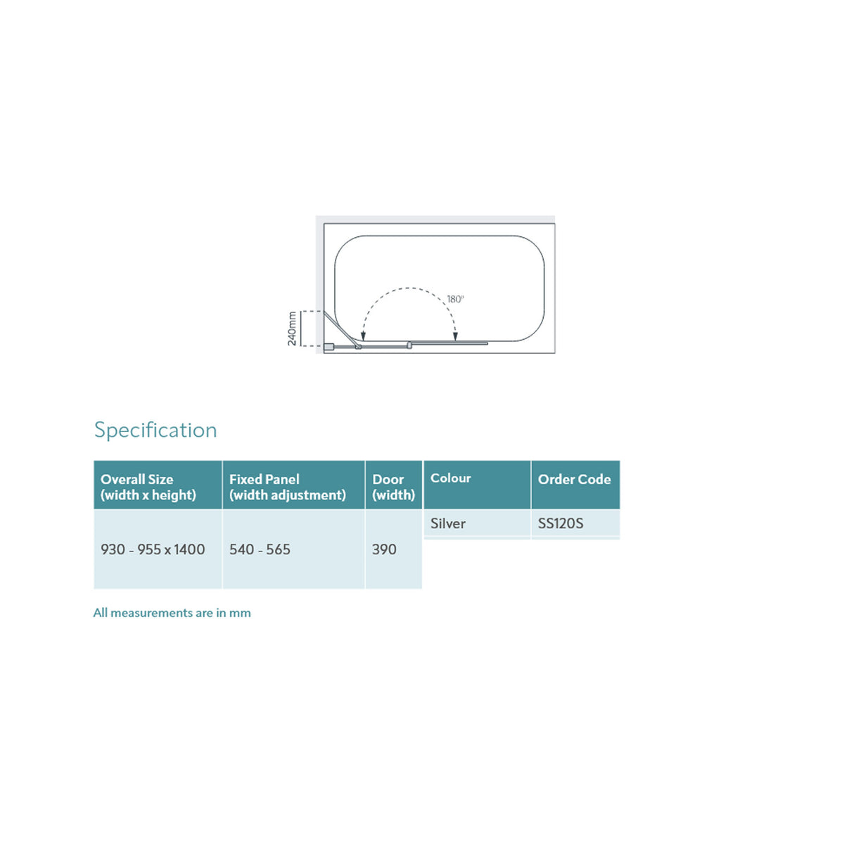 Lakes Classic 930mm Curved Hinged Bath Screen specifications