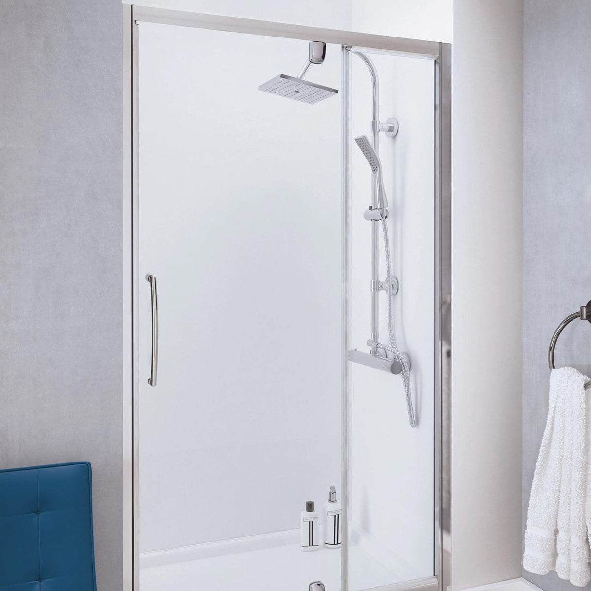 Lakes Classic Semi-Framed Pivot Door with In-Line Panel in Silver