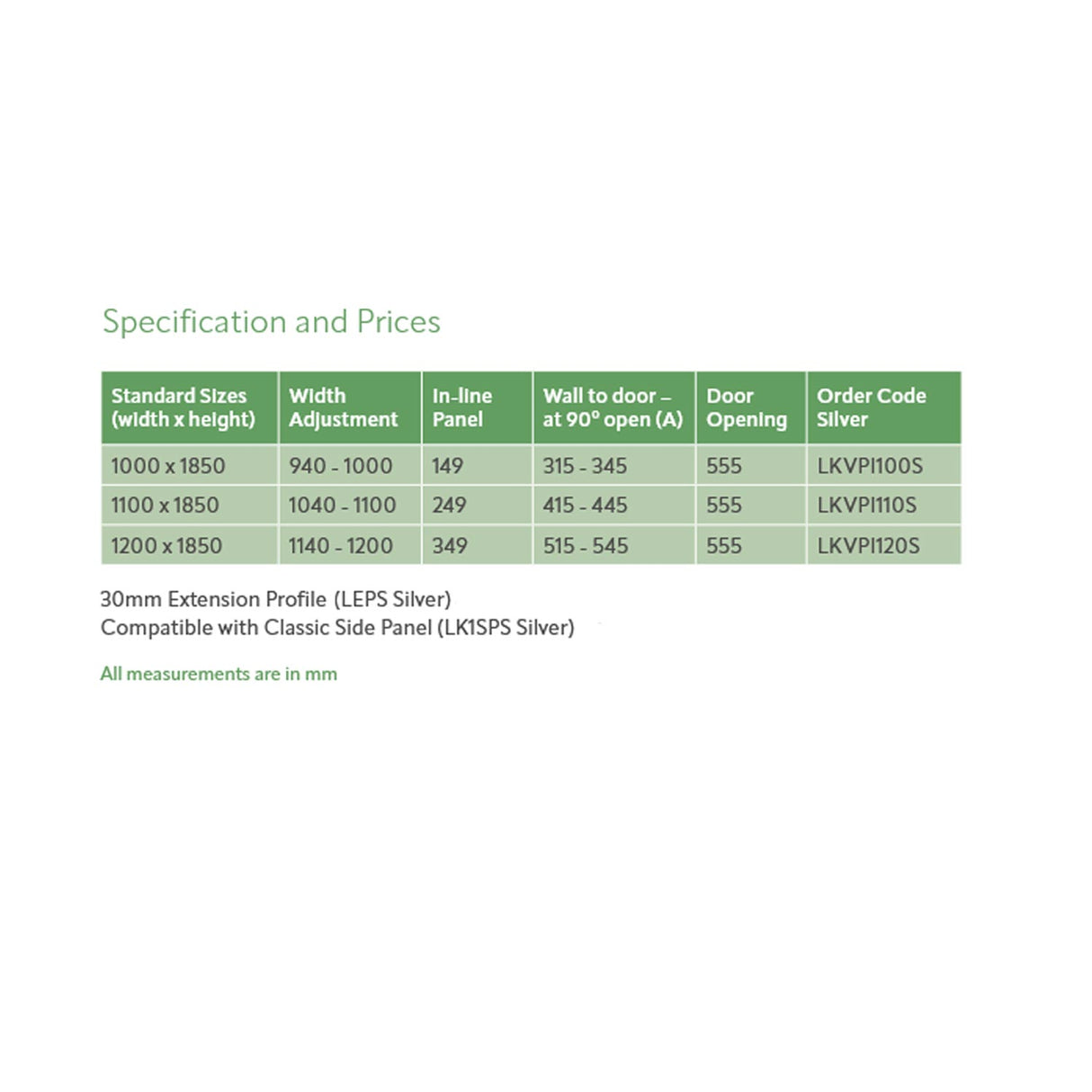 Lakes Classic Semi-Framed Pivot Door with In-Line Panel in Silver specification