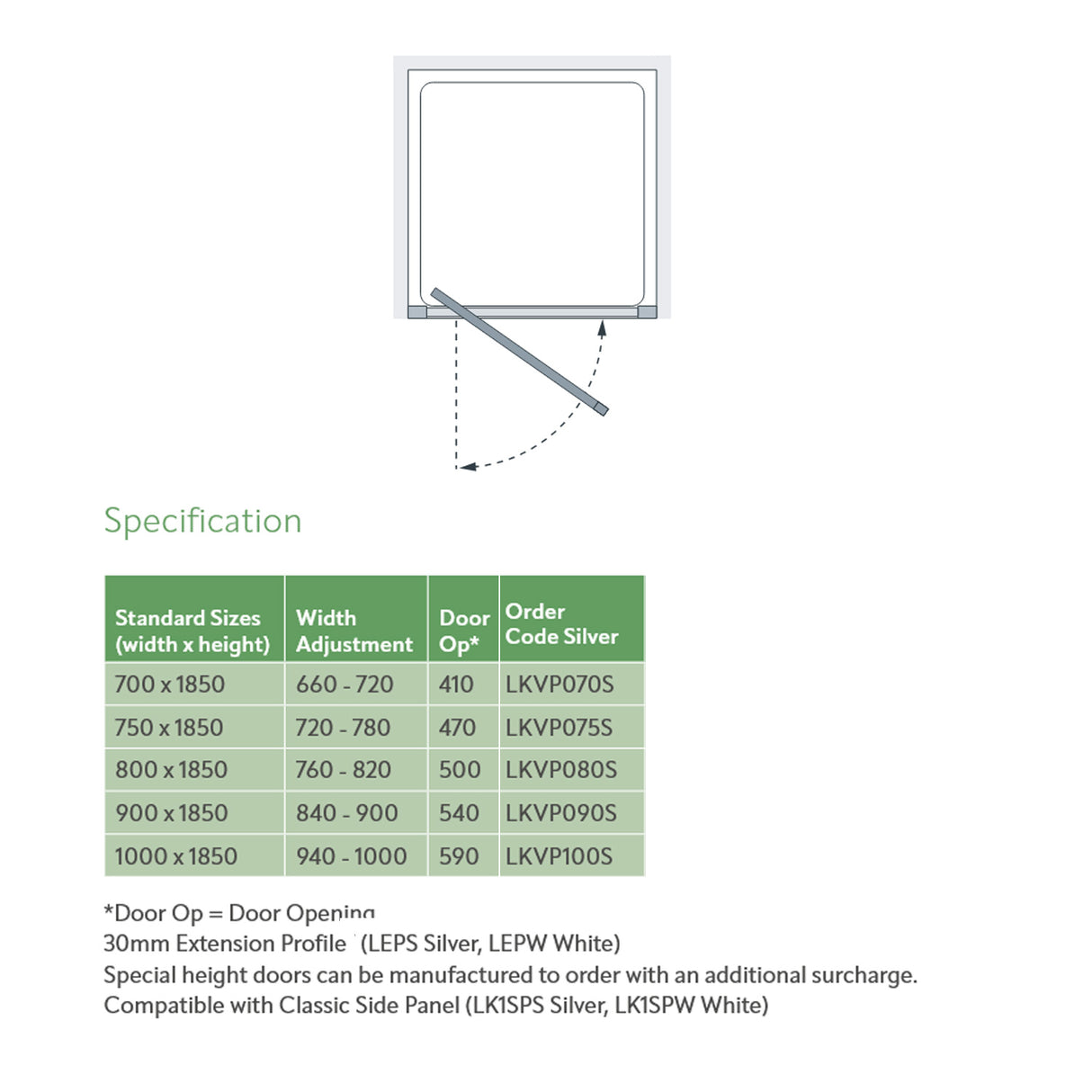 Lakes Classic Semi Framed Pivot Door dimensions