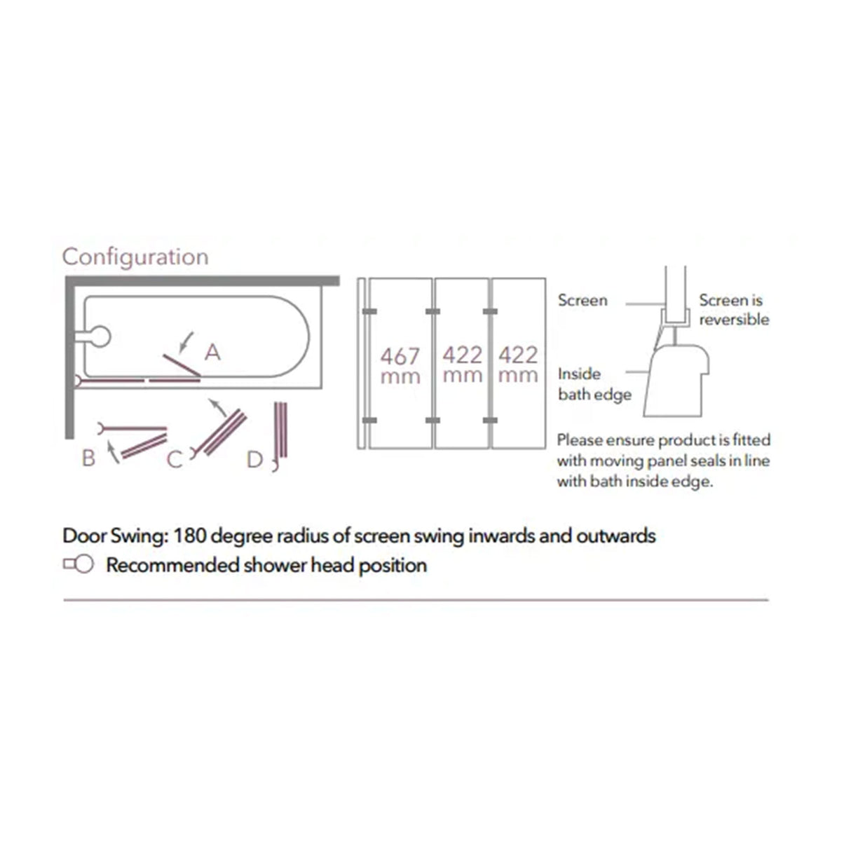 Merlyn 3 Panel 8mm Hinged Folding Bath Screen configuration