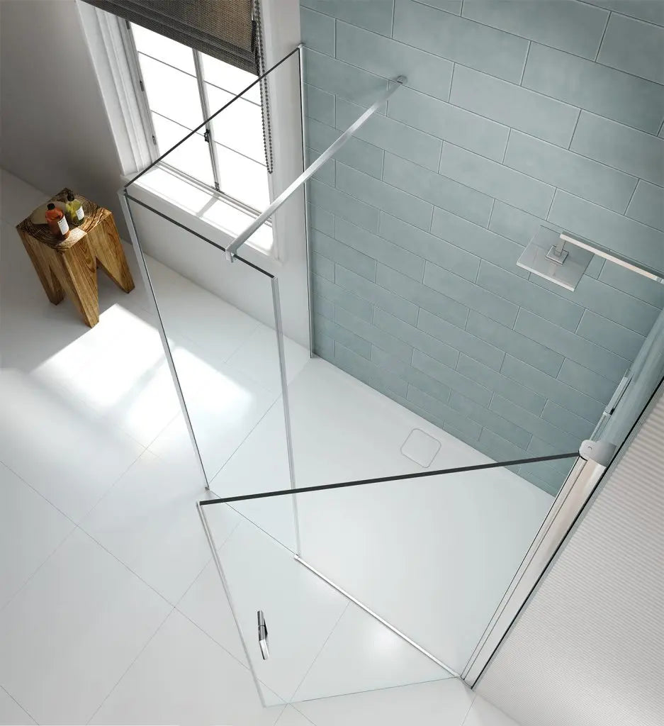 Merlyn 8 Series Frameless Pivot Shower Door And Inline Panel door open