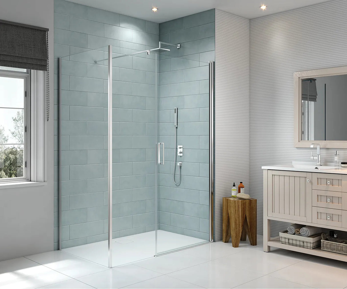 Merlyn 8 Series Frameless Pivot Shower Door And Inline Panel enclosure