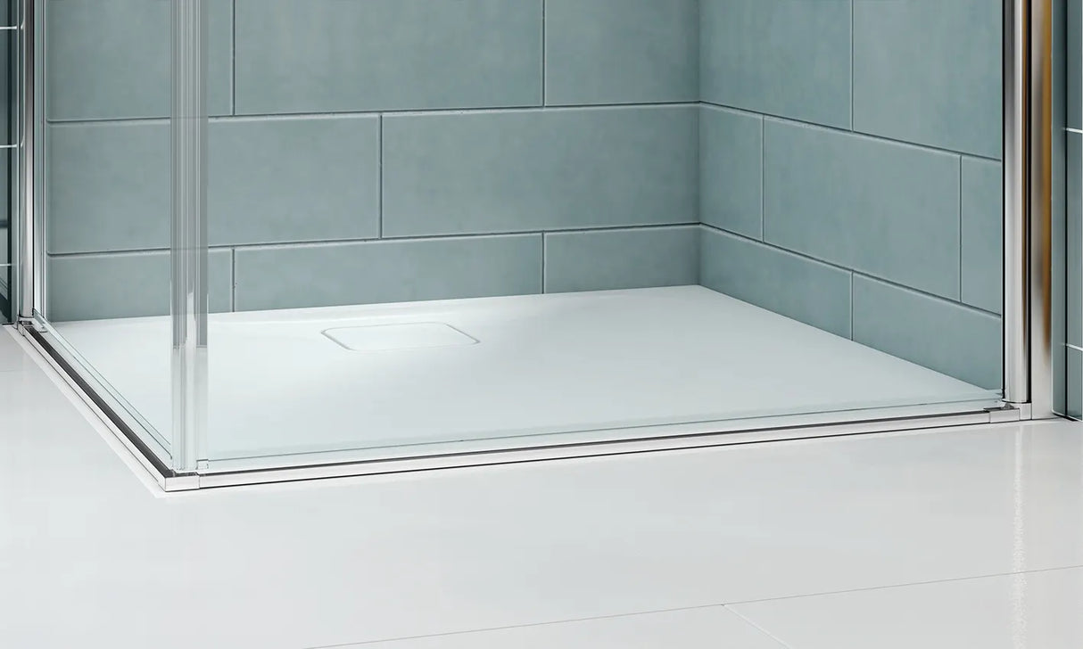 Merlyn 8 Series Frameless Pivot Shower Door And Inline Panel door open shower tray