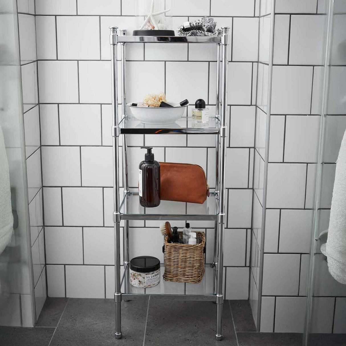 Miller Classic 4 Tier Clear Glass Shelf Unit in Chrome lifestyle