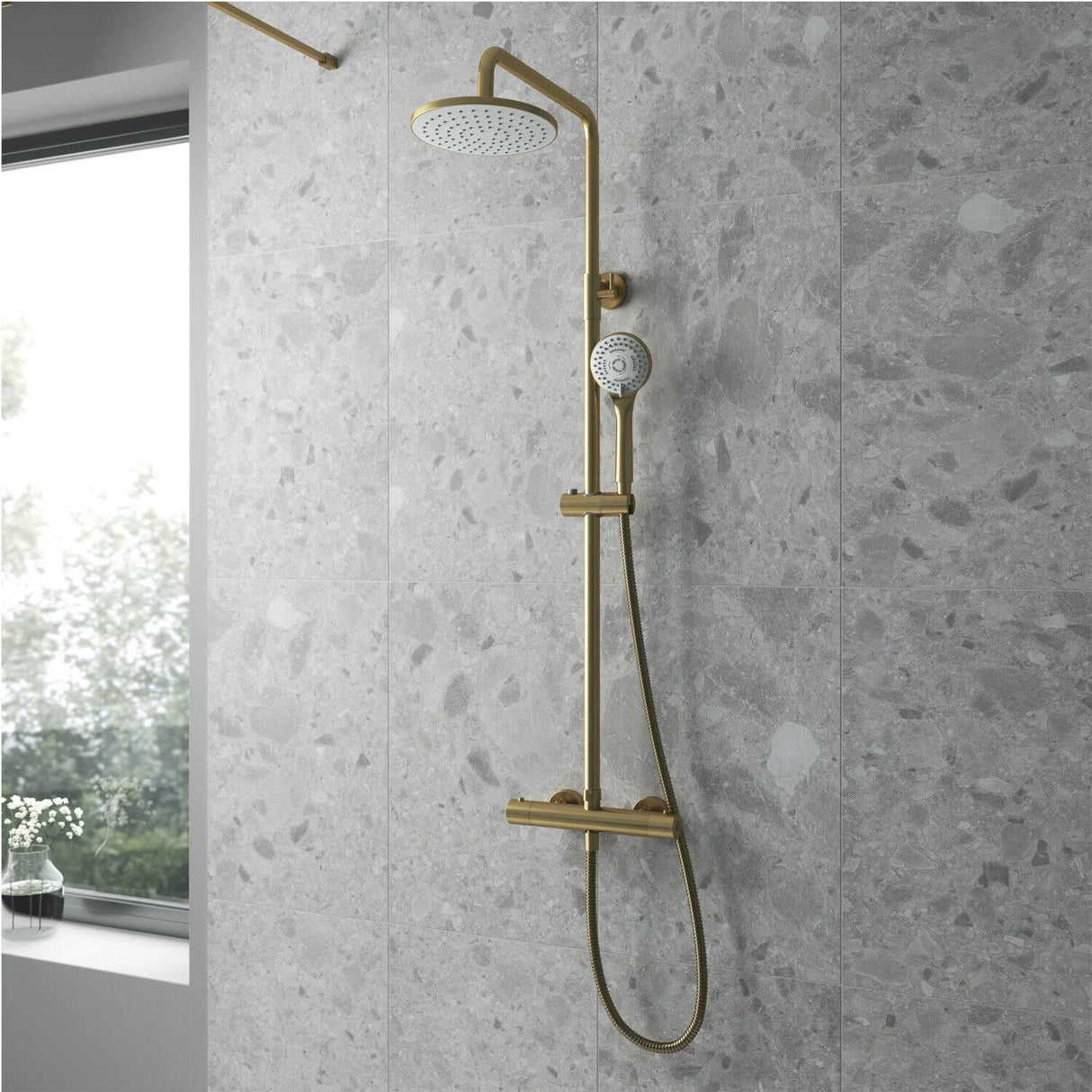 Nuie Arvan Rounded Thermostatic Bar Shower with Telescopic Kit in Brushed Brass lifestyle