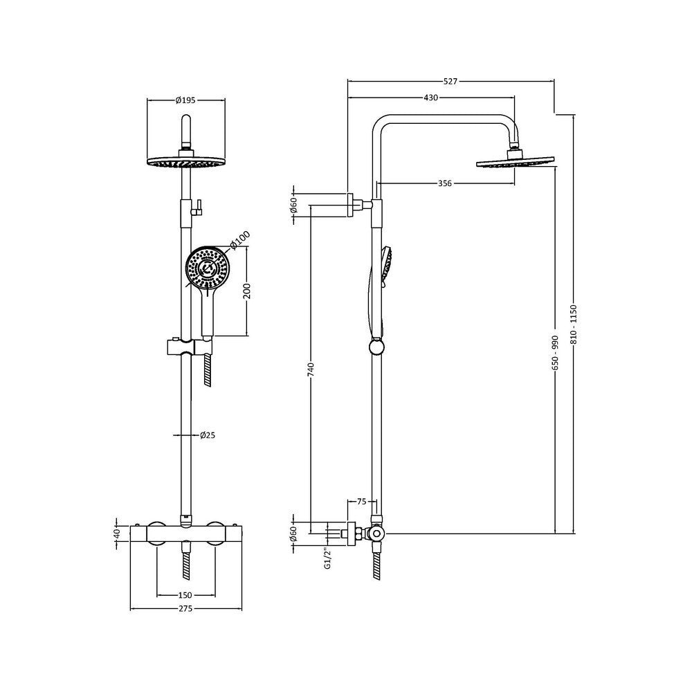Nuie Round Thermostatic Bar Shower with Telescopic Kit dimensions