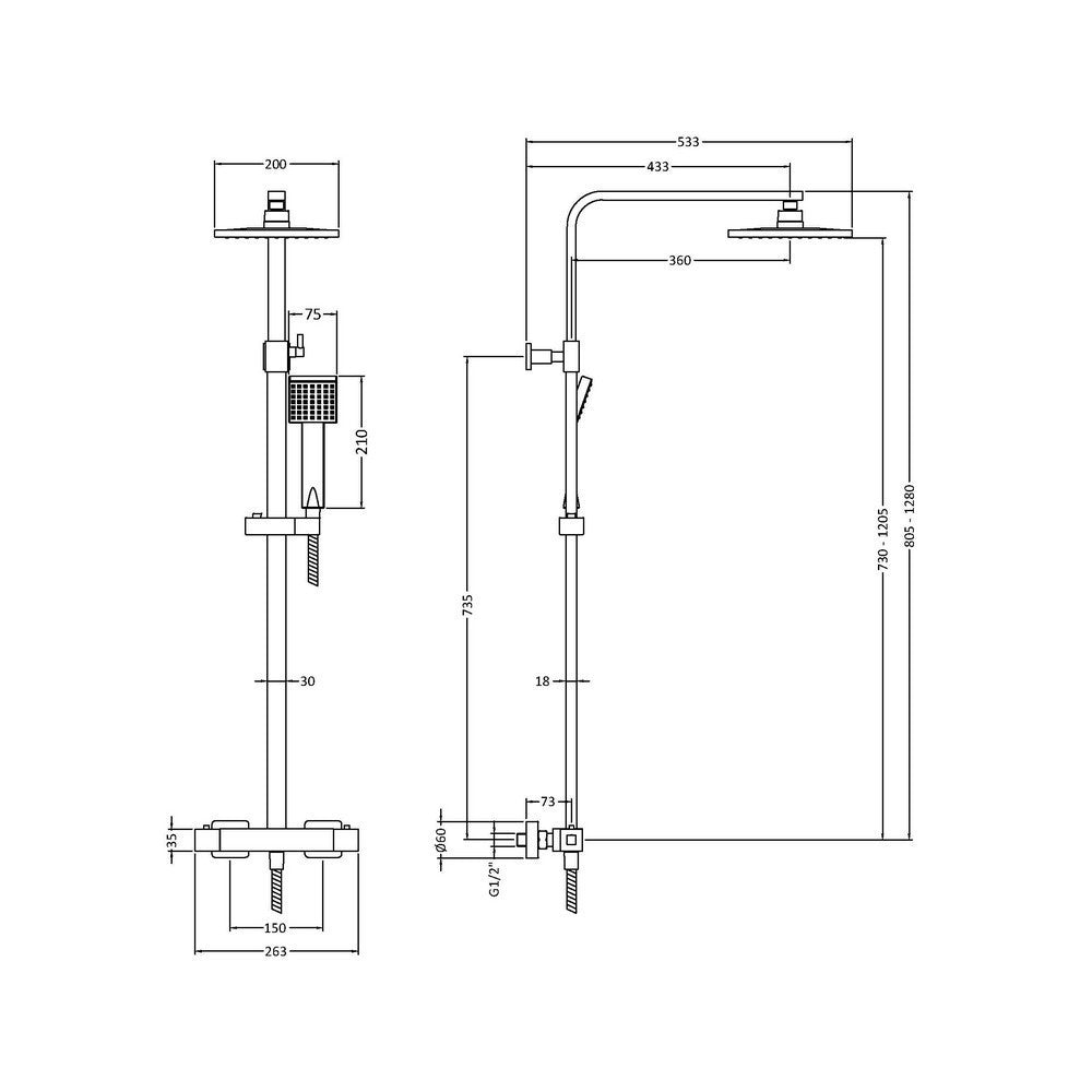 Nuie Square Thermostatic Bar Shower with Telescopic Kit dimensions