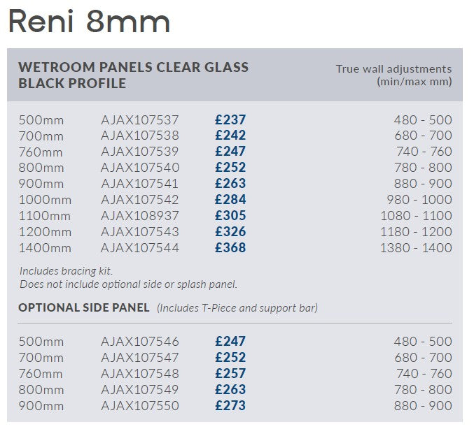 Ajax Reni 8mm Wetroom Panel Clear Glass Black Profile Side Panel