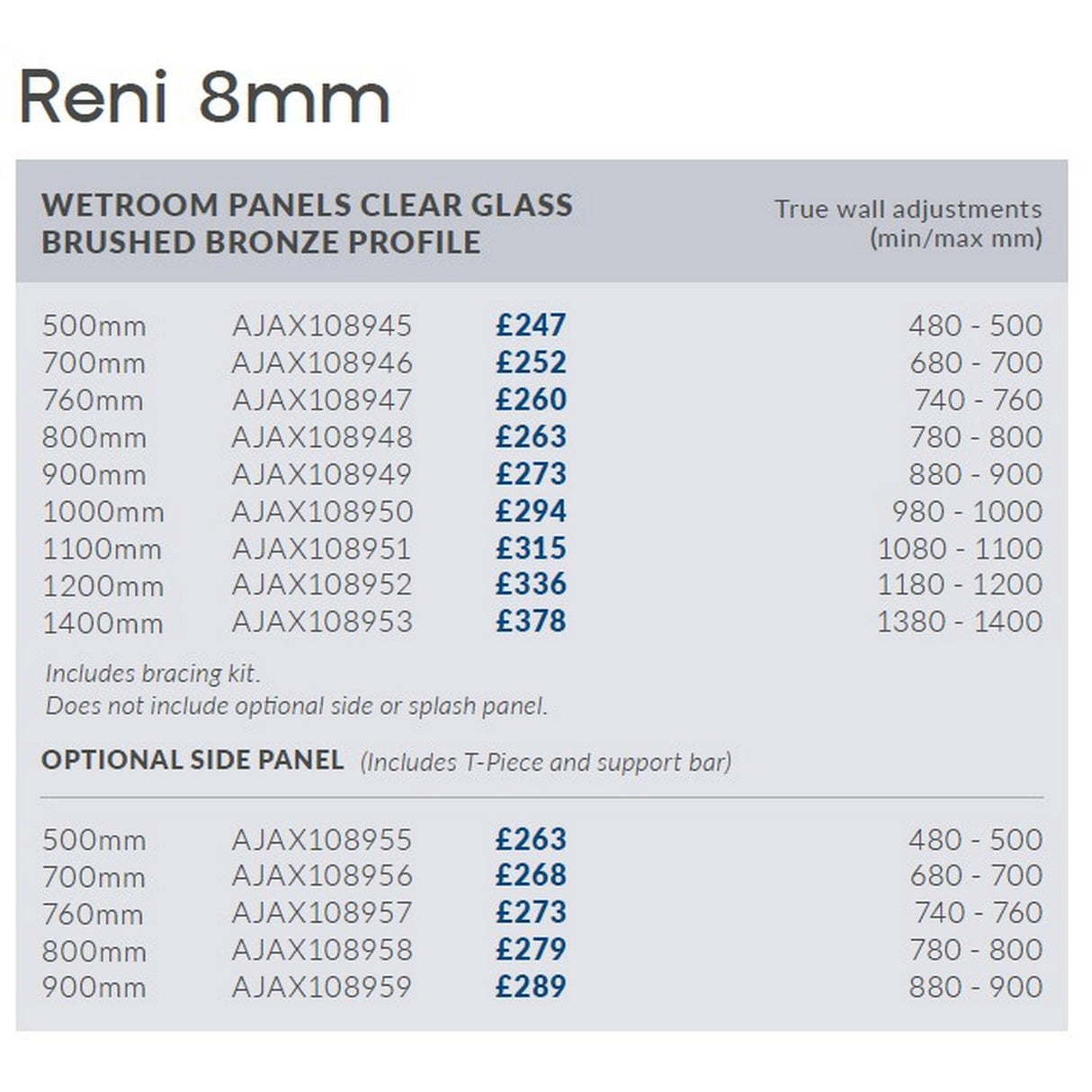 Ajax Reni 8mm Wetroom Panel Clear Glass Brushed Bronze Profile Side Panel