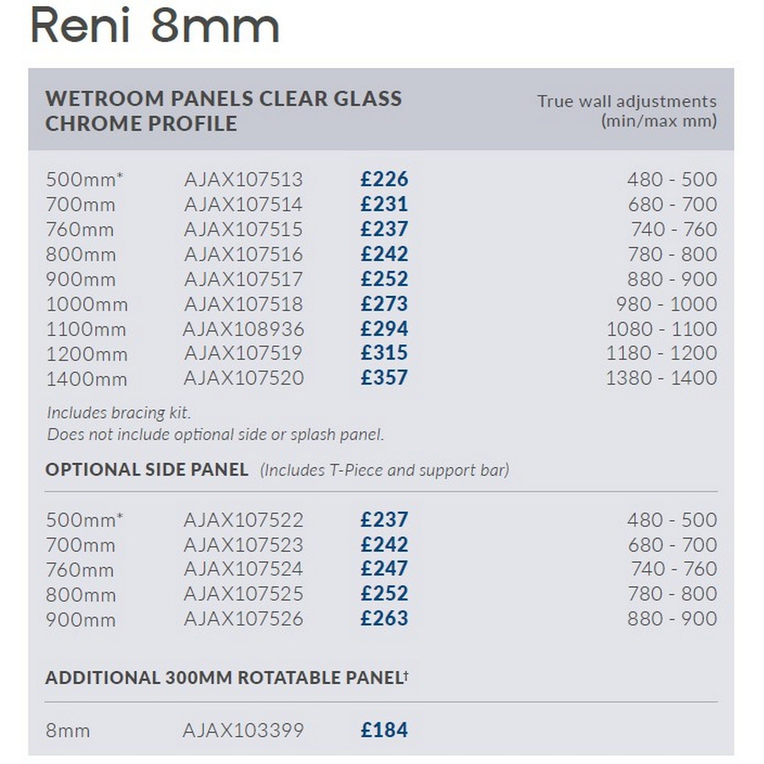 Ajax Reni 8mm Wetroom Panel Clear Glass Chrome Profile Side Panel