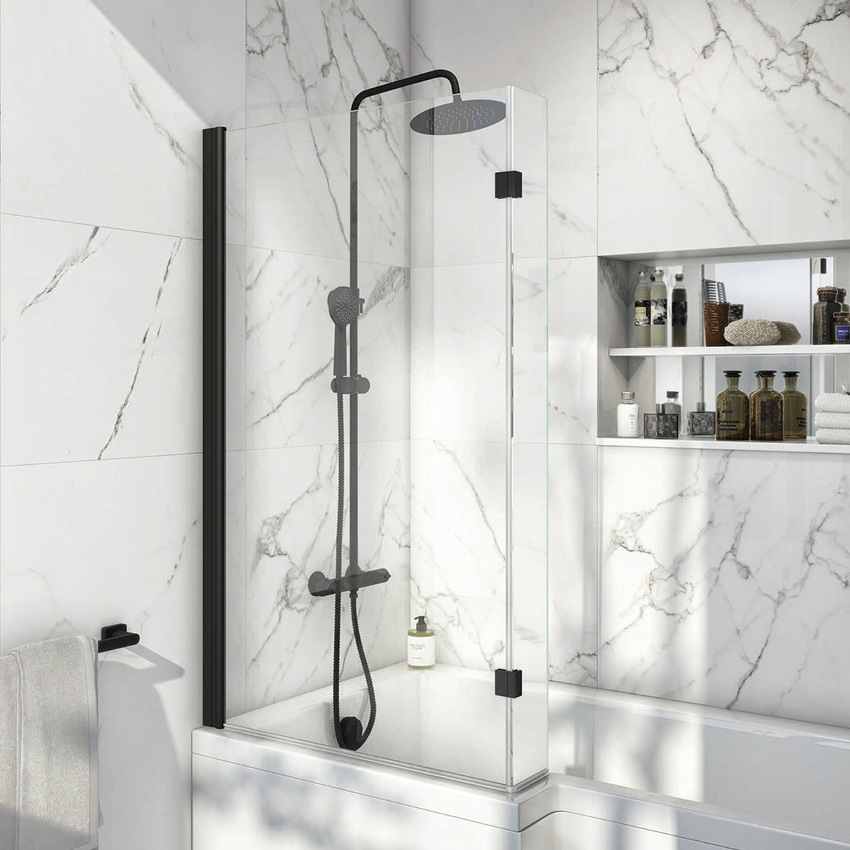 Scudo 1400 x 830mm L Shaped Bath Screen in Black