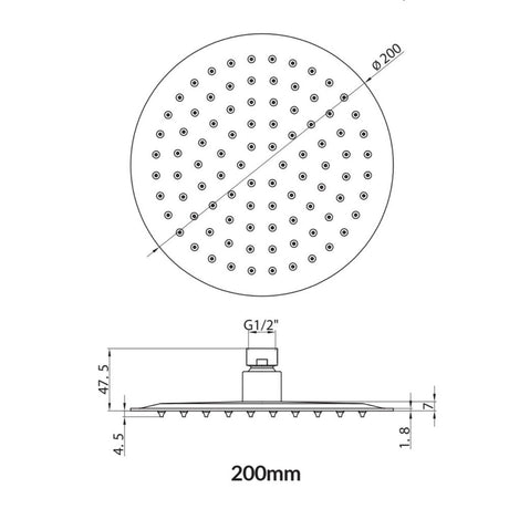 Scudo 200mm Black Round Shower Head Dimensions